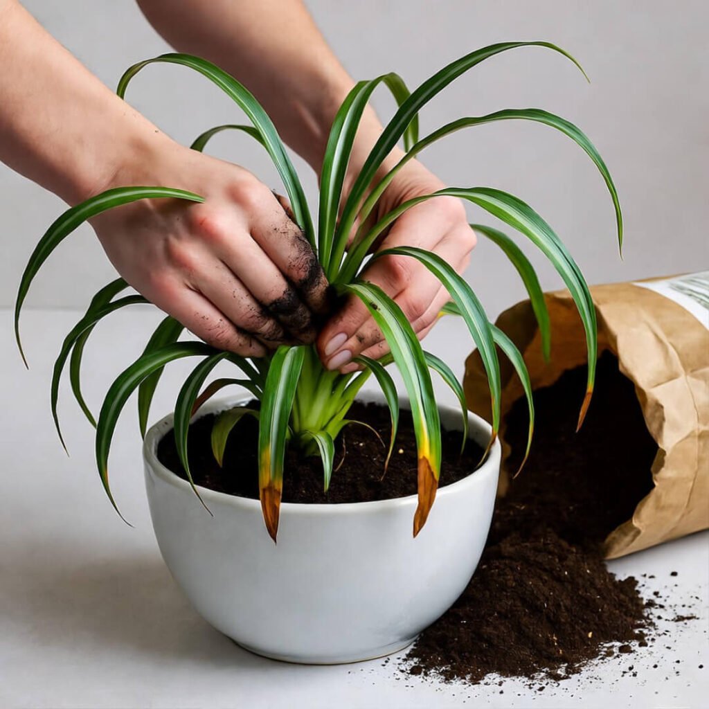 Grimy hands repotting droopy houseplant into shiny ceramic planter, spilled soil bag.