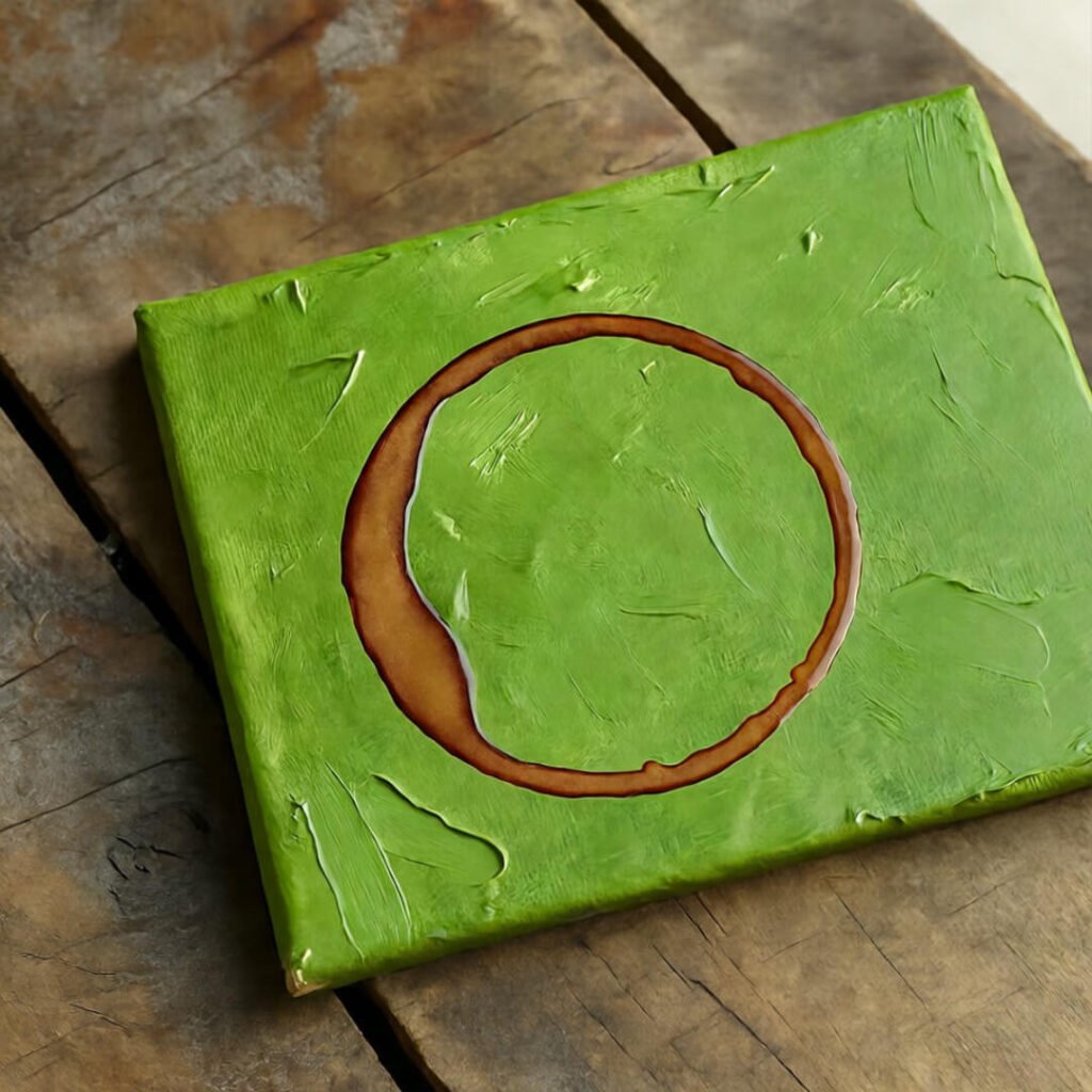 Lime green abstract painting with coffee stain on rickety kitchen table.