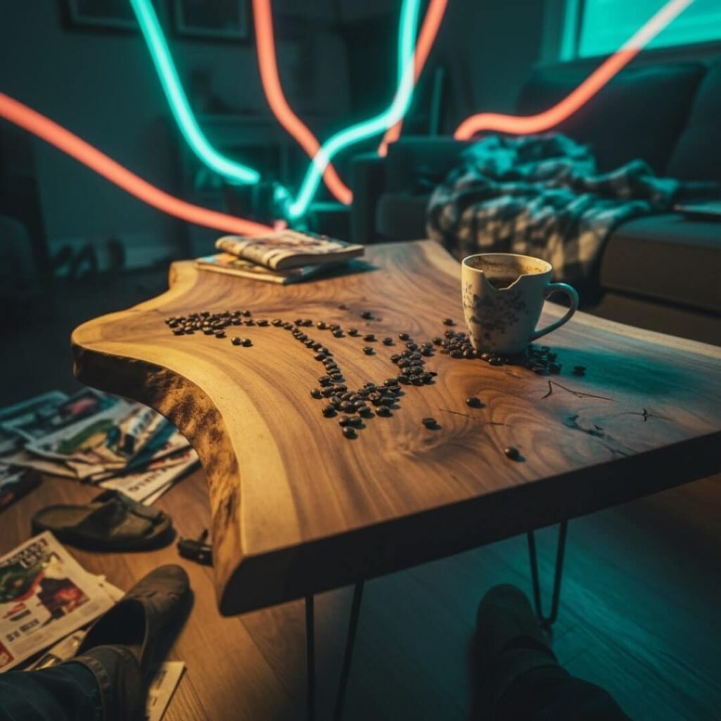 A live-edge wood coffee table with a chipped mug and scattered coffee beans.
