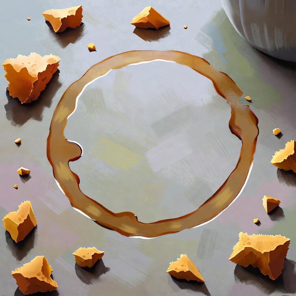 Messy Maryland counter with toast crumbs, faint coffee stains, morning light glow.