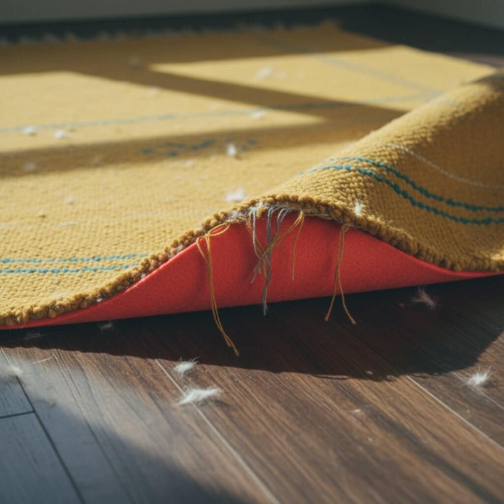 Curled rug corner with chewed fringes and a coral rug pad.