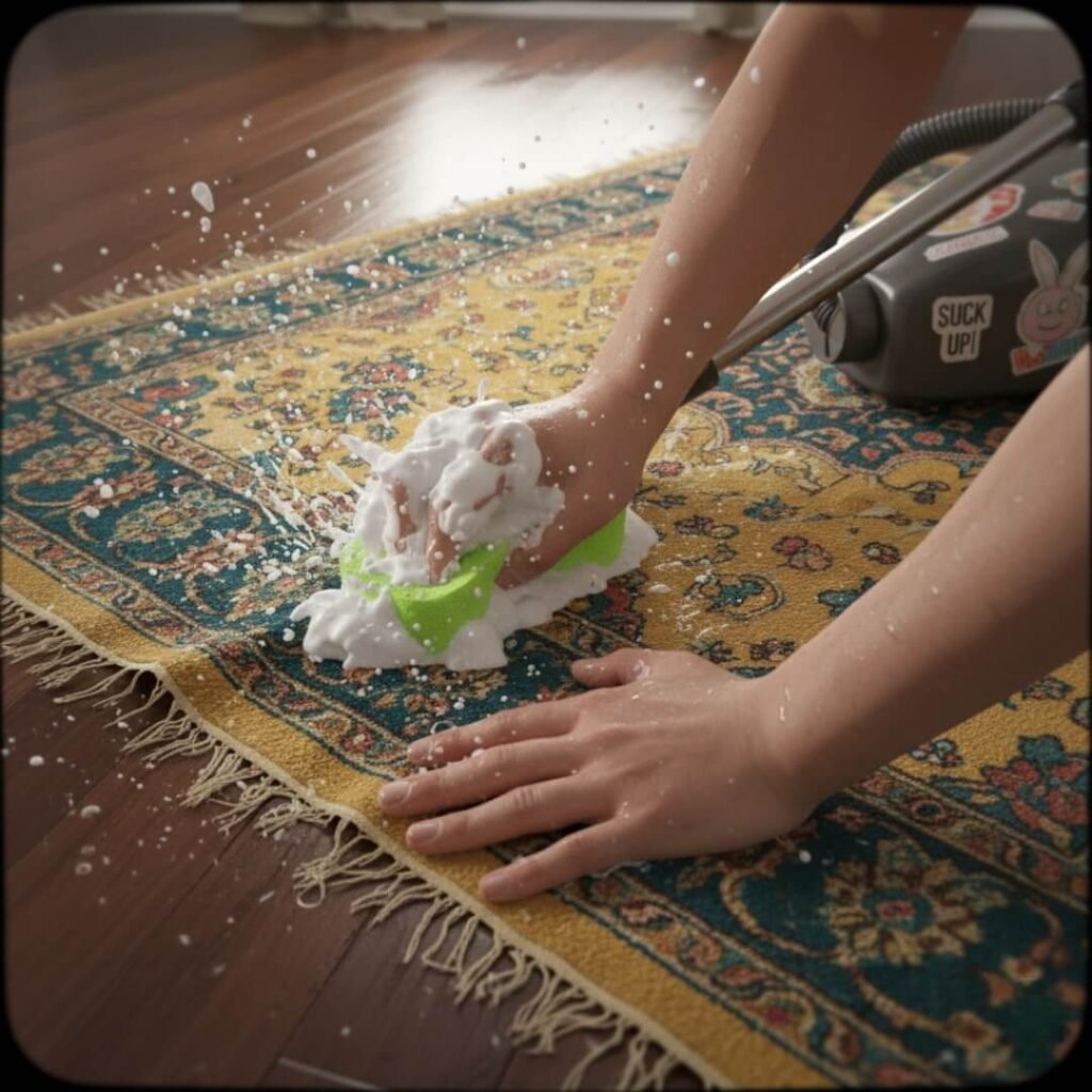 Hands intensely scrubbing a rug with a neon-green sponge, suds splashing.