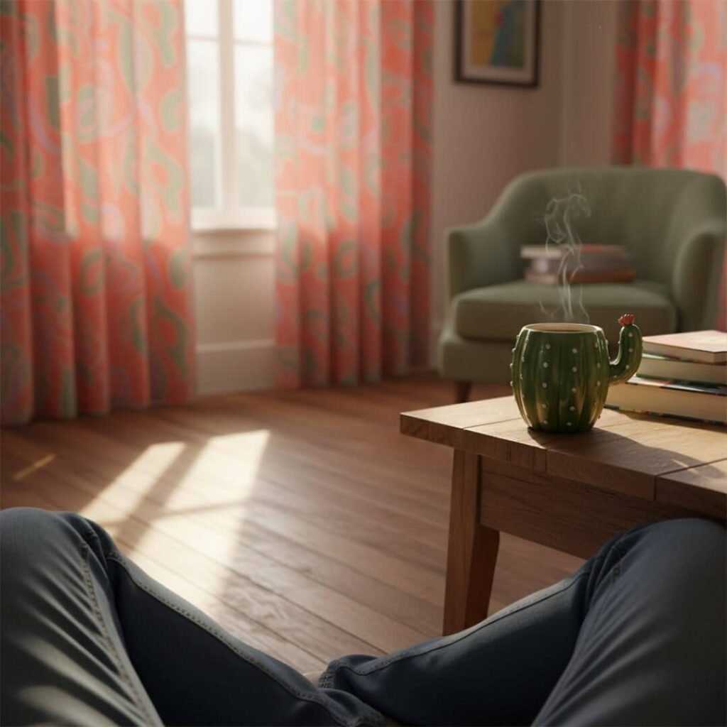 POV shot of legs on a wooden floor, coffee in a cactus mug, coral curtains.