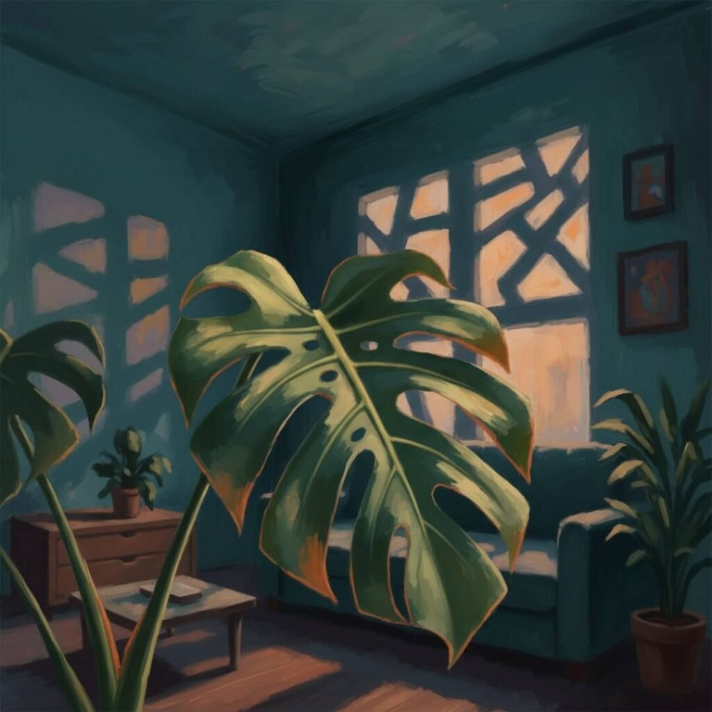 Impressionistic painting of a monstera leaf unfurling in a dim living room.