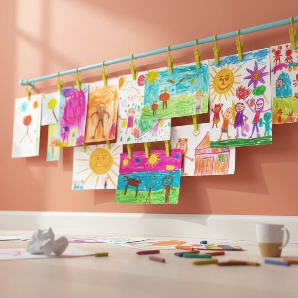 "Wall-mounted rod with colorful kids' drawings, low-angle, cheerful."