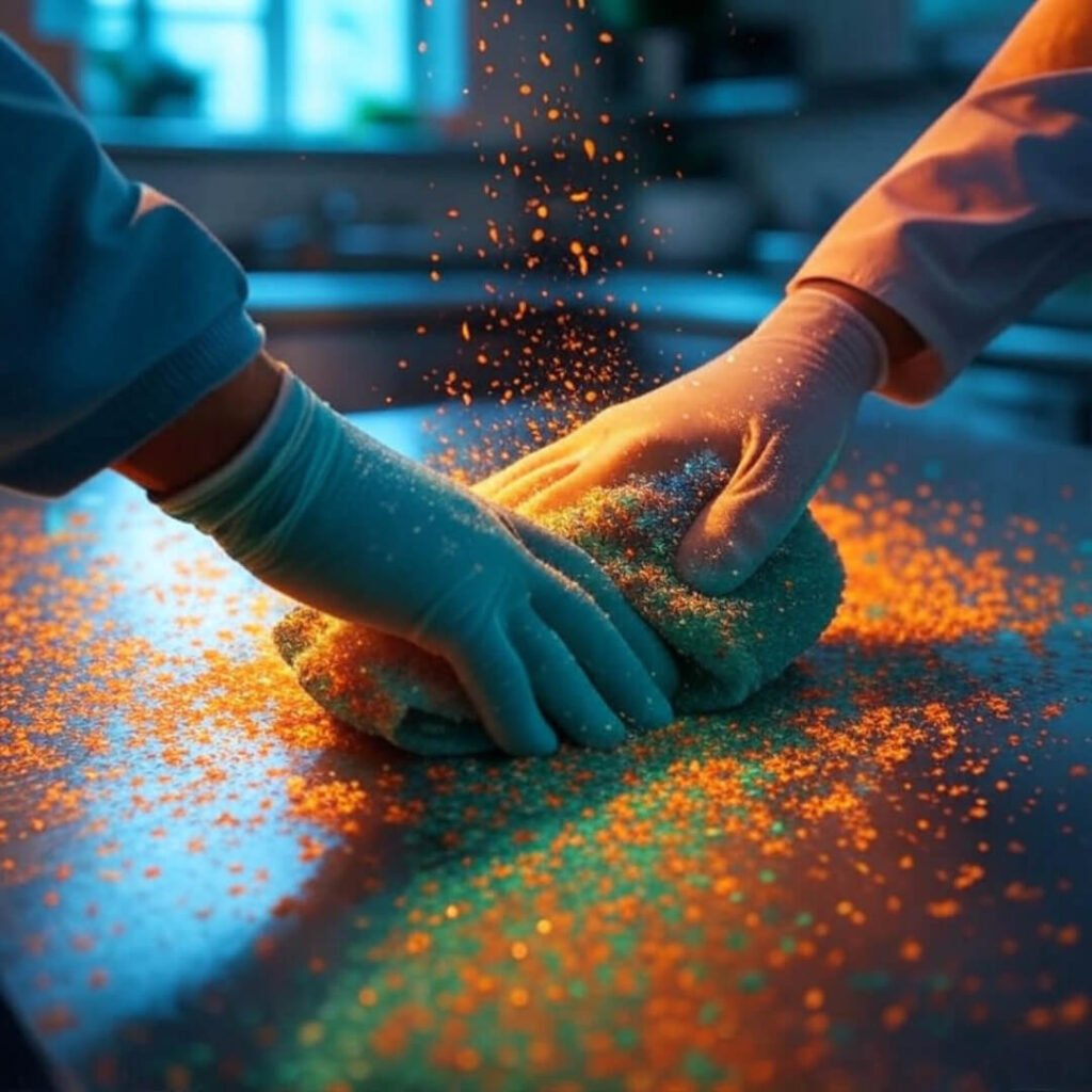 Neon-gloved hands scrub countertop, confetti sparkles, heroic bittersweet triumph.