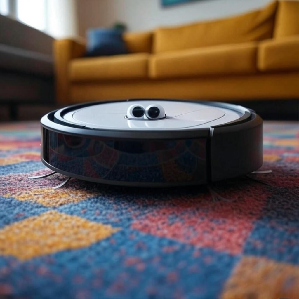 Quirky robotic vacuum with googly eyes zooms by colorful rug and yellow couch.