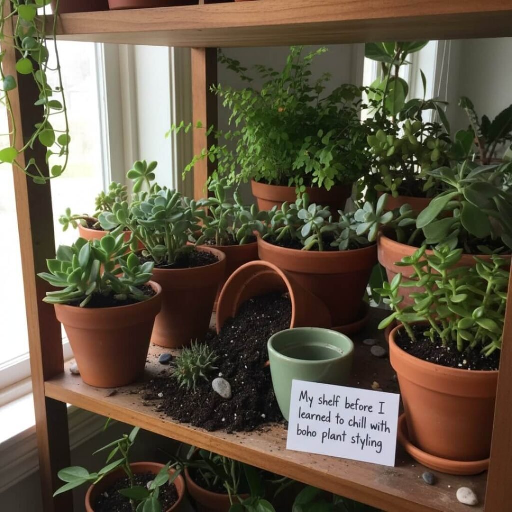 Messy plant shelf with succulents, ferns, and a tipped-over pot.