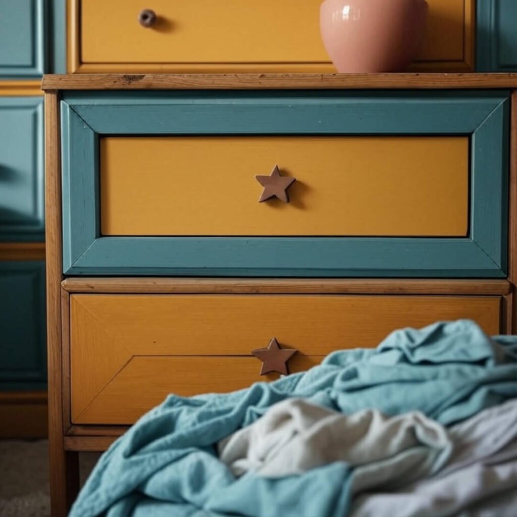 Wooden drawers with teal frames, yellow fronts, and star-shaped knobs.