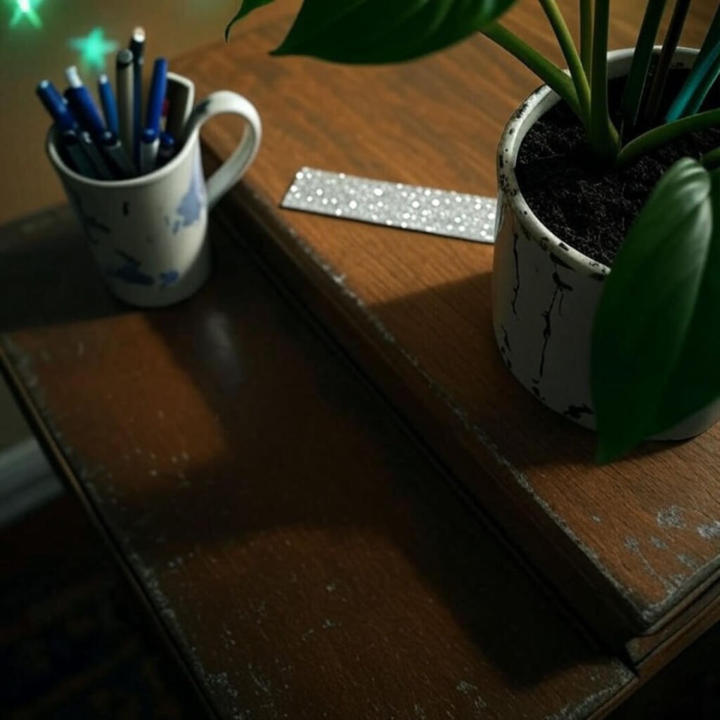 Droopy pothos, chipped mug with pens, sparkly bookmark, glowing stars on dresser.