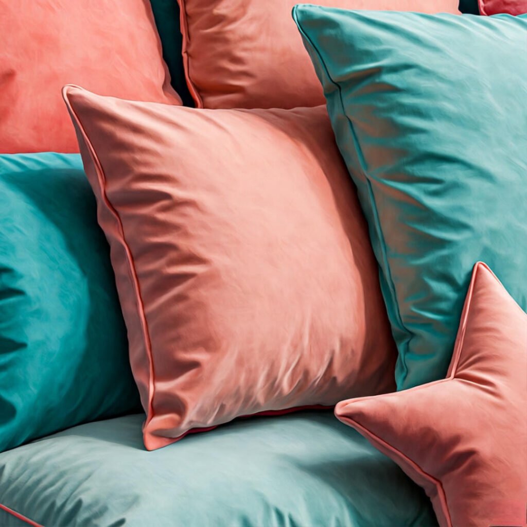 Mismatched coral and teal pillow pile, star-shaped, bittersweet vibe.
