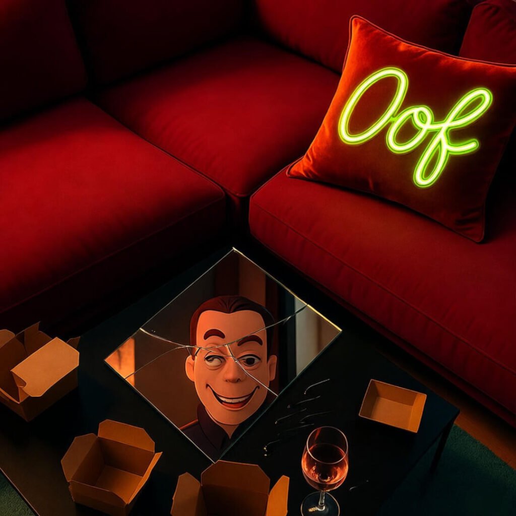 Red sectional sofa, cracked mirror, "Oof" pillow, takeout boxes, spilled wine, LA sunset glow.
