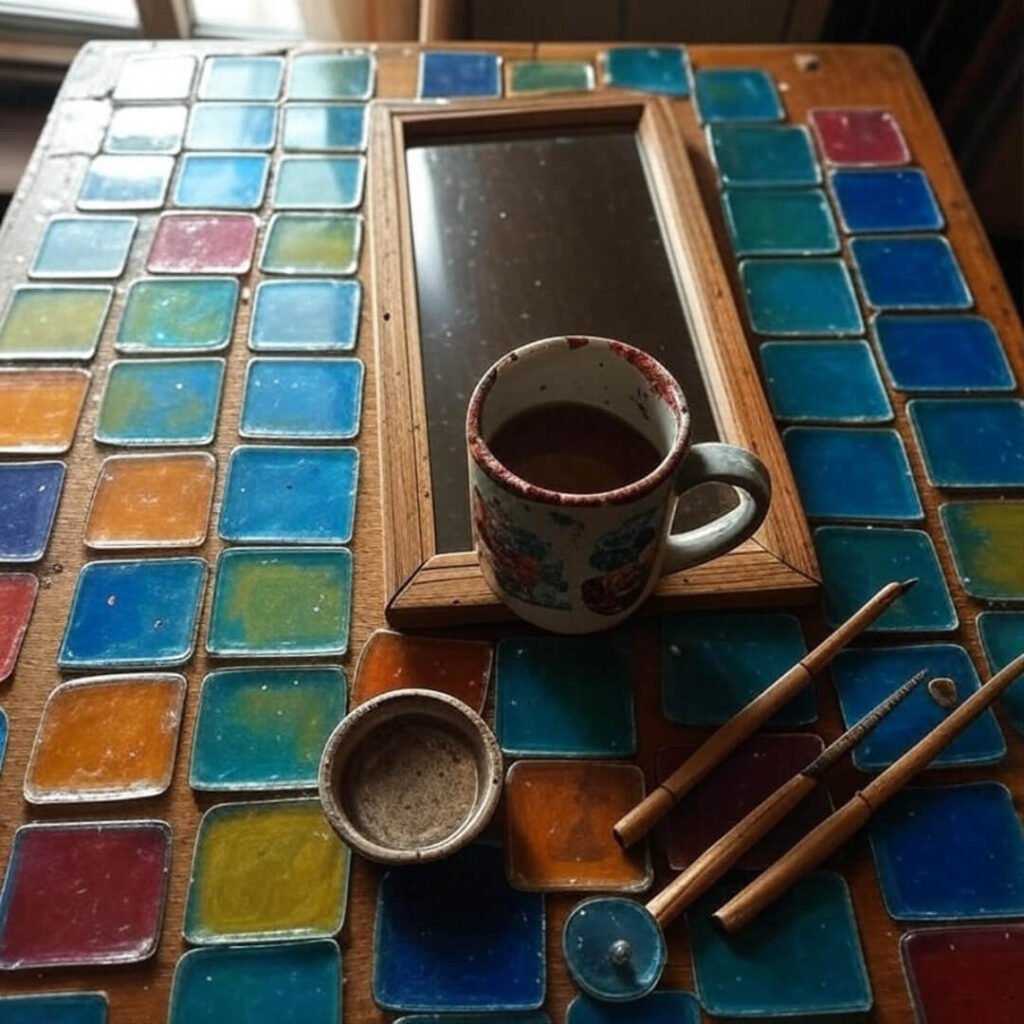 Top-down view of table with colorful tiles, chipped mug, half-done mirror frame.