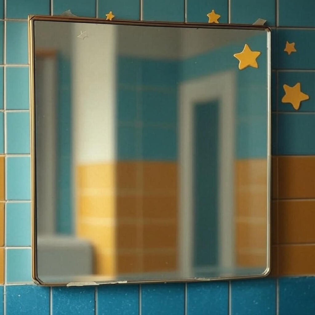 Dreamy mirror on teal-mustard tiles, adhesive strips, stars, hopeful vibe.