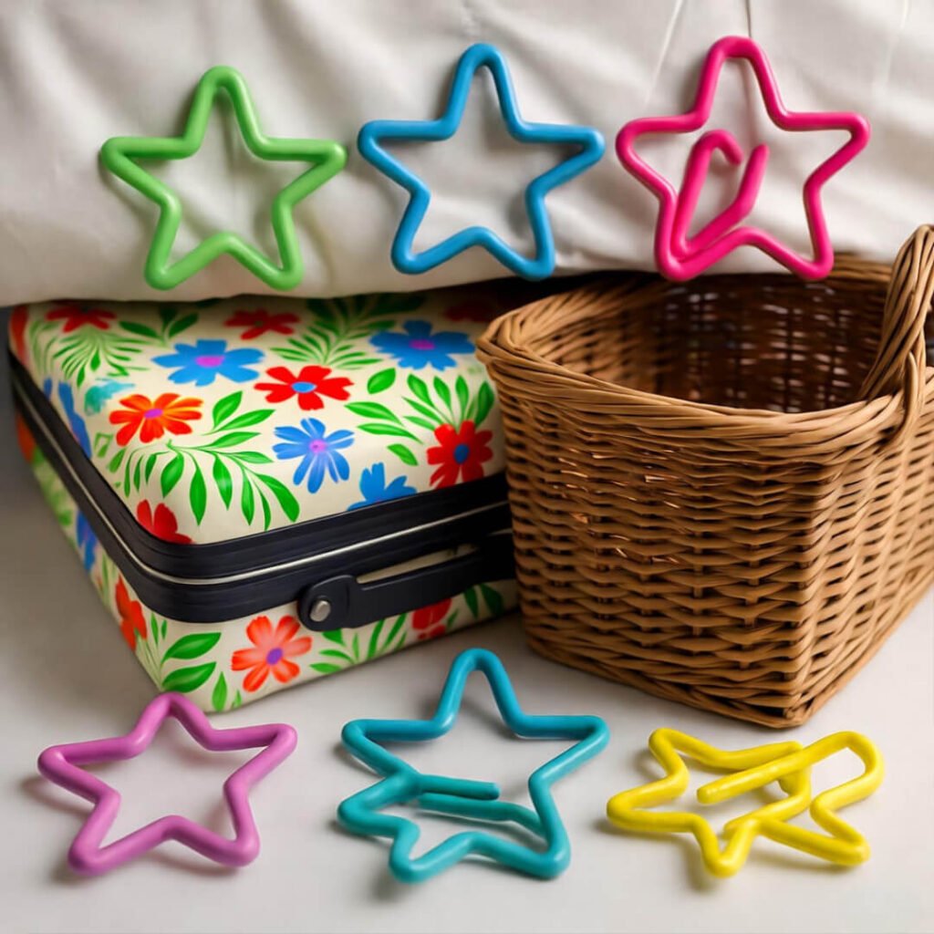 Floral suitcase and wicker basket under bed with scattered neon star clips.