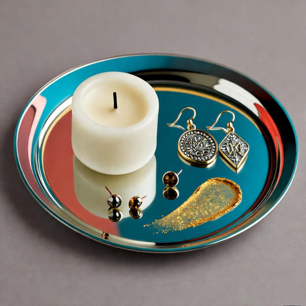 Mirrored tray with half-melted candle, earrings, glittery eyeshadow smear.