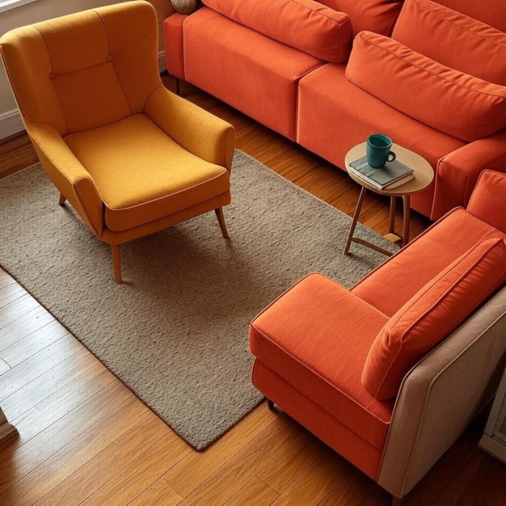 Vibrant armchair, couch, side table with teal mug and books, mustard and coral tones.