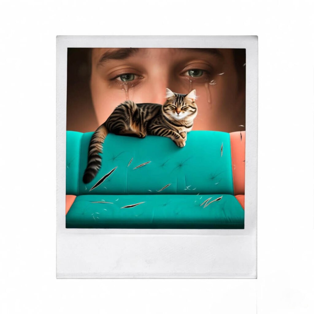 Torn sofa with smug cat, crying face, floating cat hair, vintage Polaroid vibe.