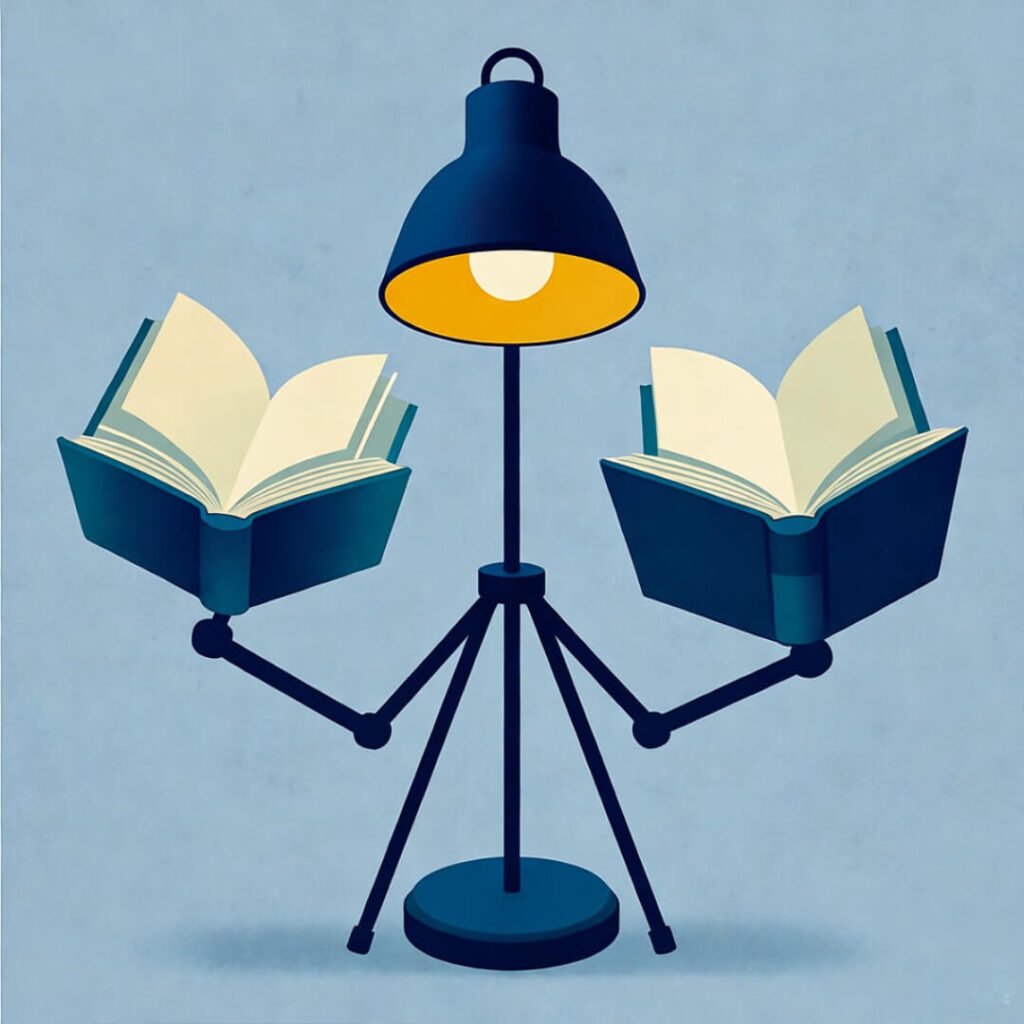 Tripod lamp juggling books mid-air, chaotic yet endearing, in electric blues and yellows.