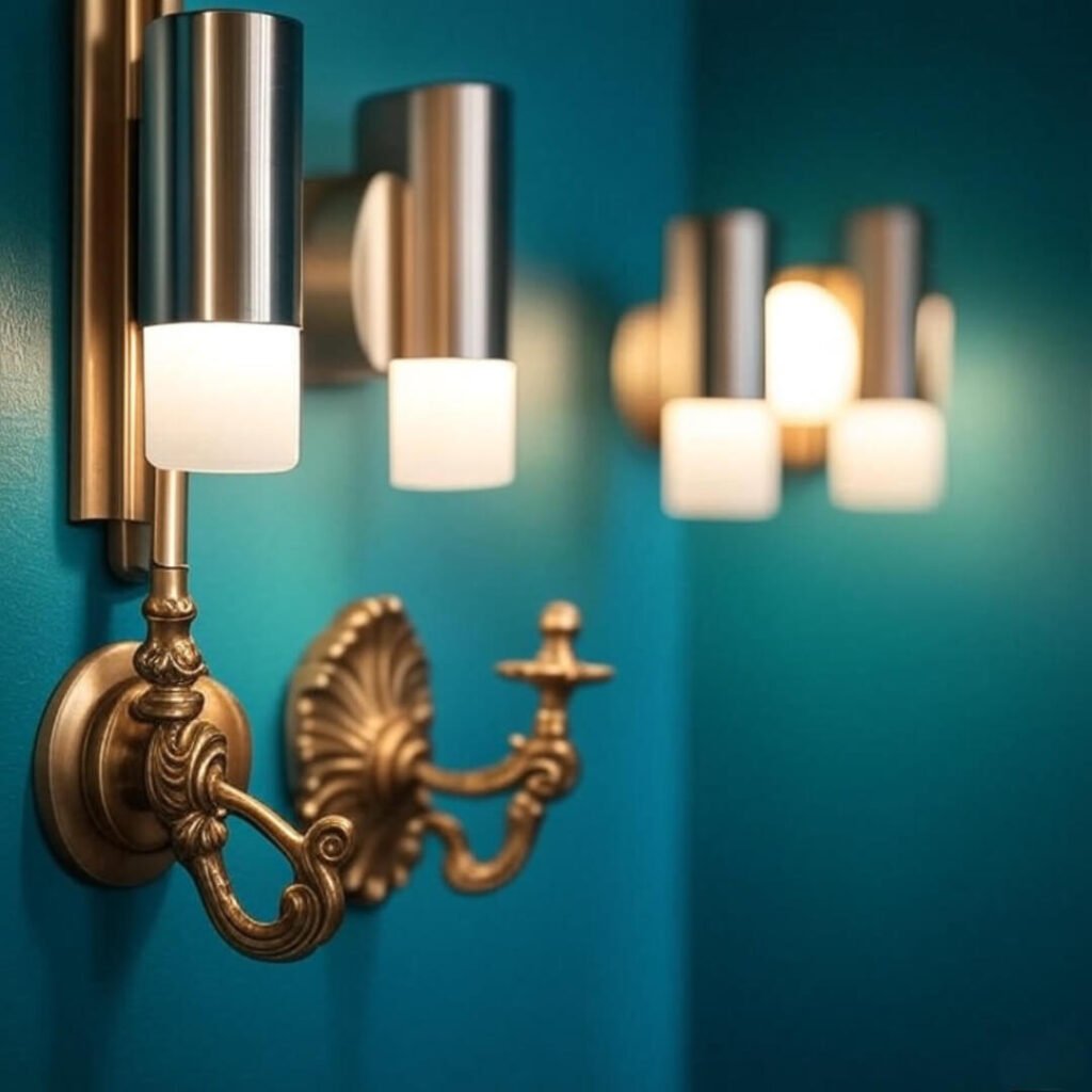 Playful clash of modern sconce and tacky brass light on teal wall.