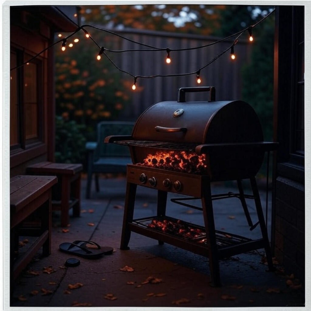 Cozy patio with glowing grill, crooked fairy lights, lone flip-flop.