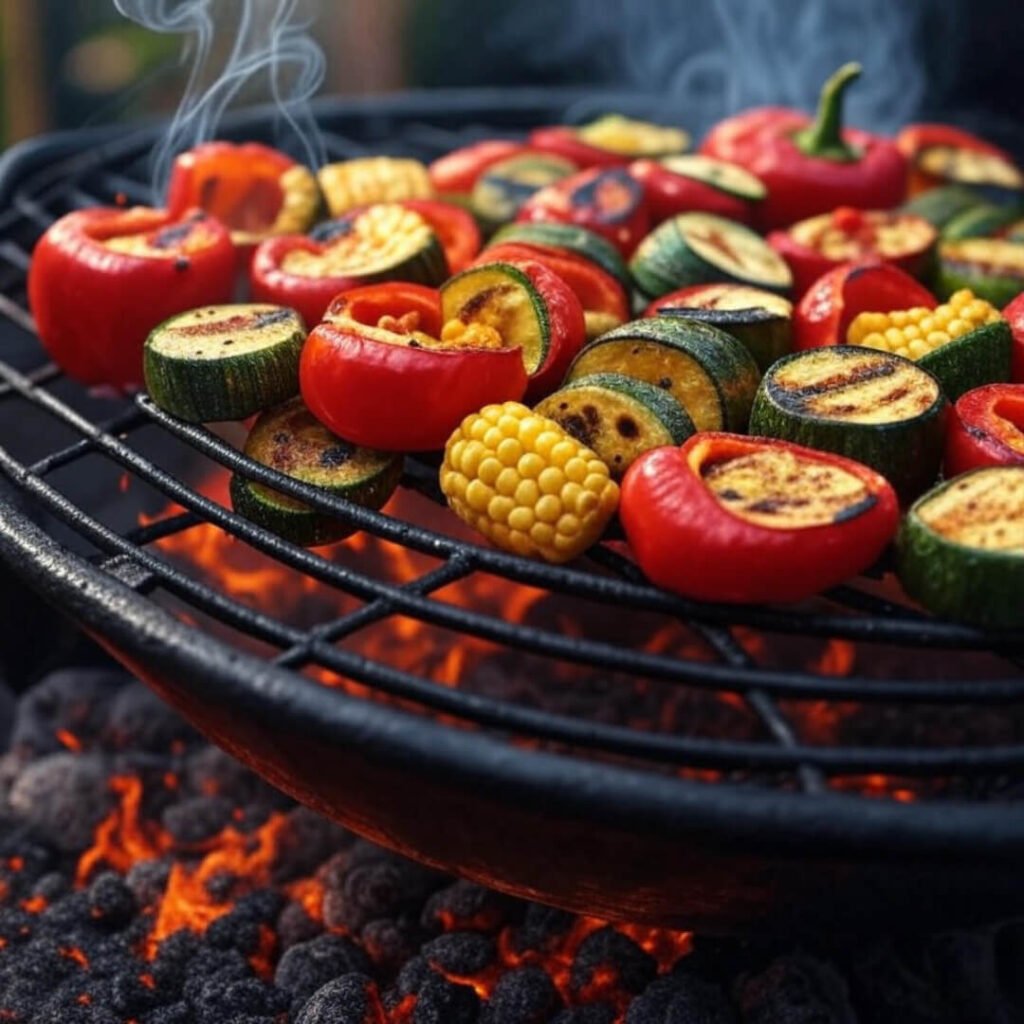Grill basket with peppers, zucchini, corn, low angle, impressionistic, vibrant colors.