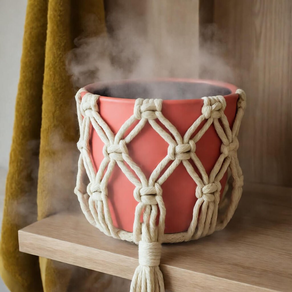 Peppy bathroom shelf with macramé planter, coral pot, and mustard towel in steam.