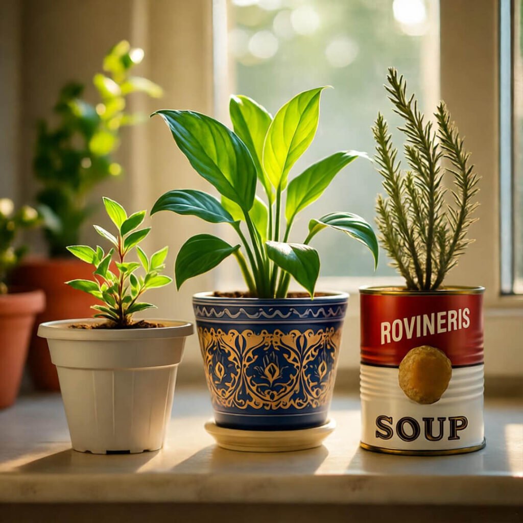 Three potted plants, one in a soup can, sit on a windowsill.