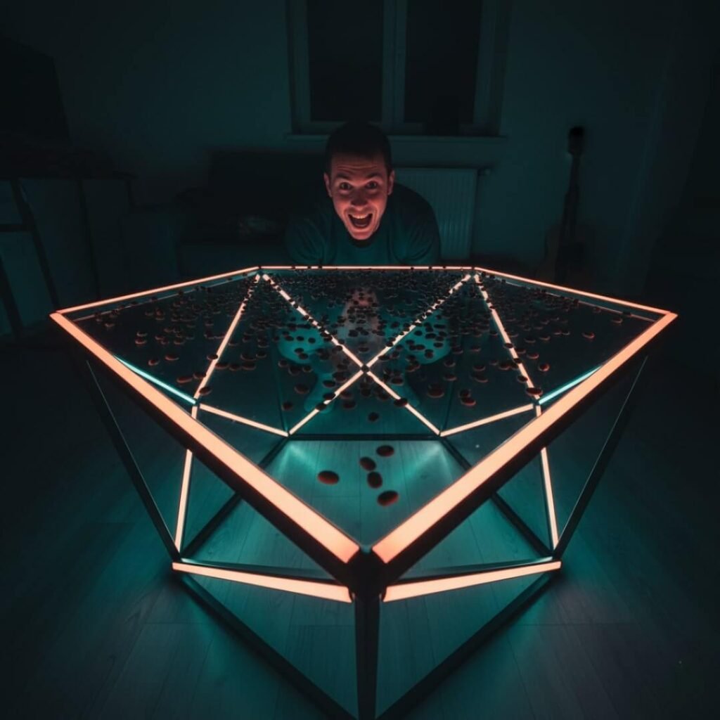 A person's reflection in a neon geometric coffee table with scattered coffee beans.