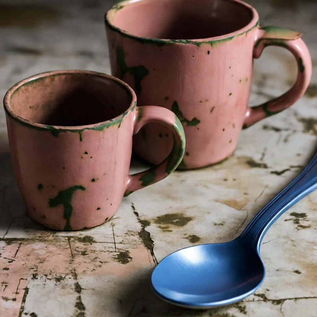 Chipped mugs on worn countertop, big cartoon spoon, bittersweet low-angle view.