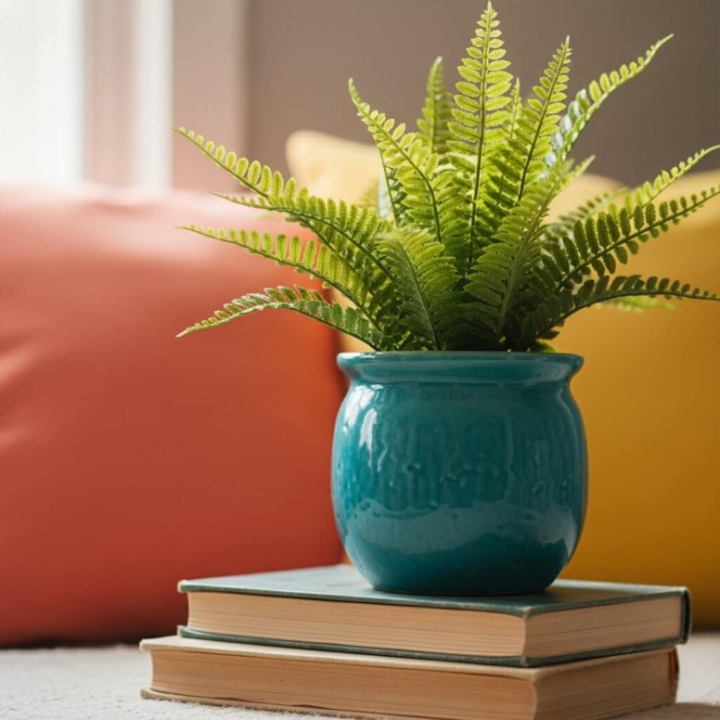 A fake fern in a teal pot on a stack of books.