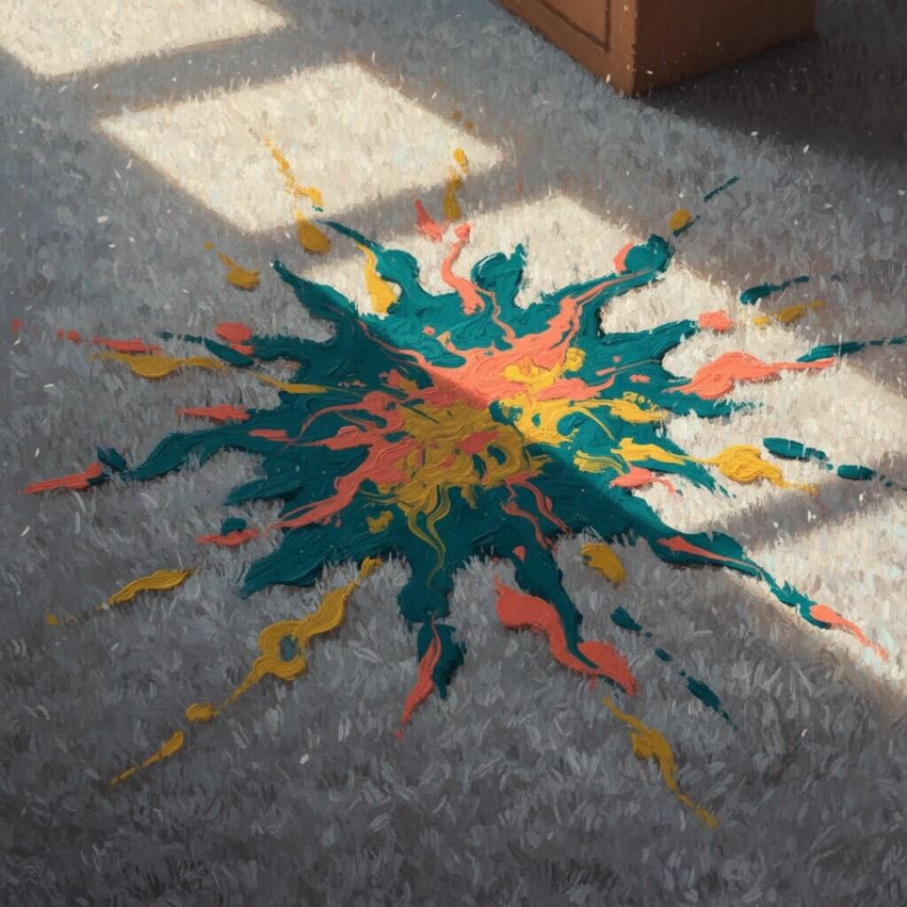 Plush gray carpet with a vibrant, artistic, yet gross stain.