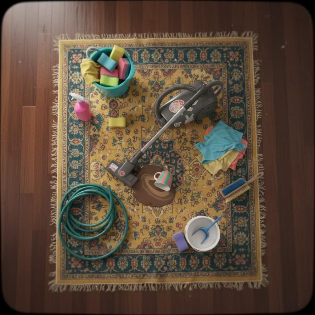 Top-down view of a rug with scattered, colorful cleaning supplies.