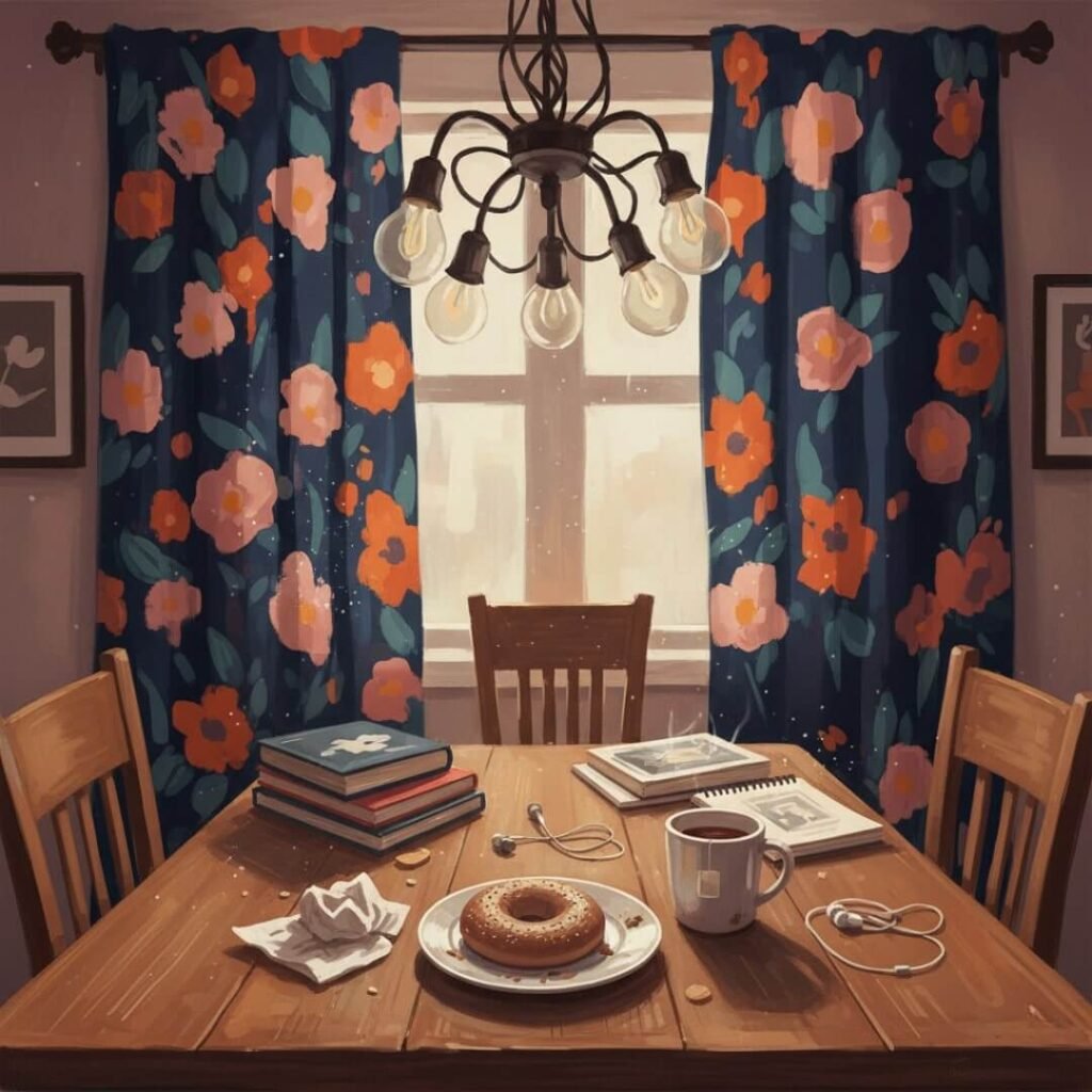 Impressionistic painting of a messy dining nook with floral curtains and chandelier.