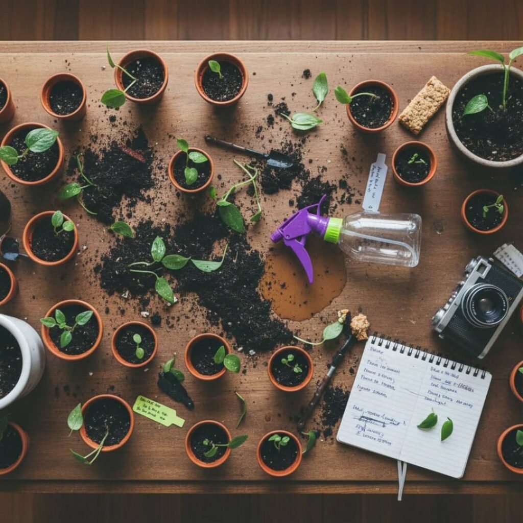 Top-down view of a coffee table covered with small plants, soil, and a spray bottle.