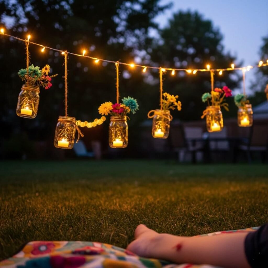 "Blurry backyard fairy lights and mason jars, dreamy evening."