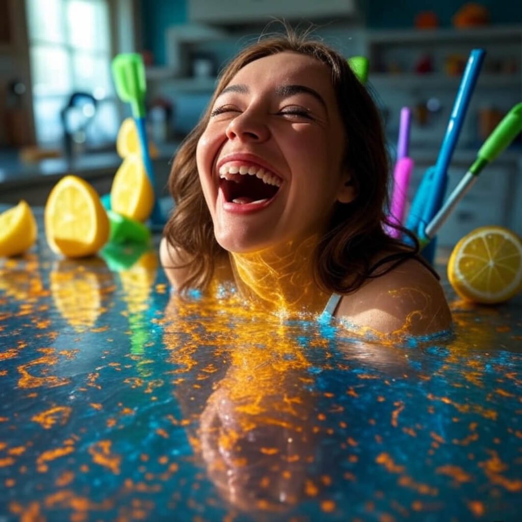Reflective countertop mirrors laughing face, lemon cheerleaders, colorful tools, wry humor.