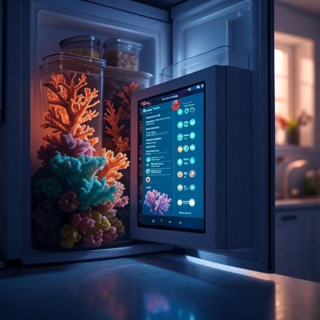 Dreamy smart fridge touchscreen glows with coral-teal recipes in dim kitchen.