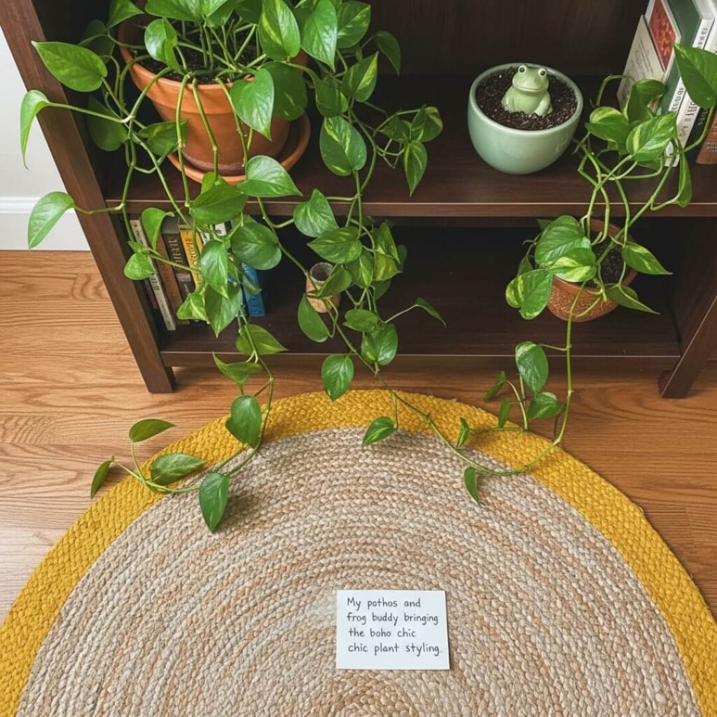 Pothos spilling over a bookshelf with a jute rug and a ceramic frog.