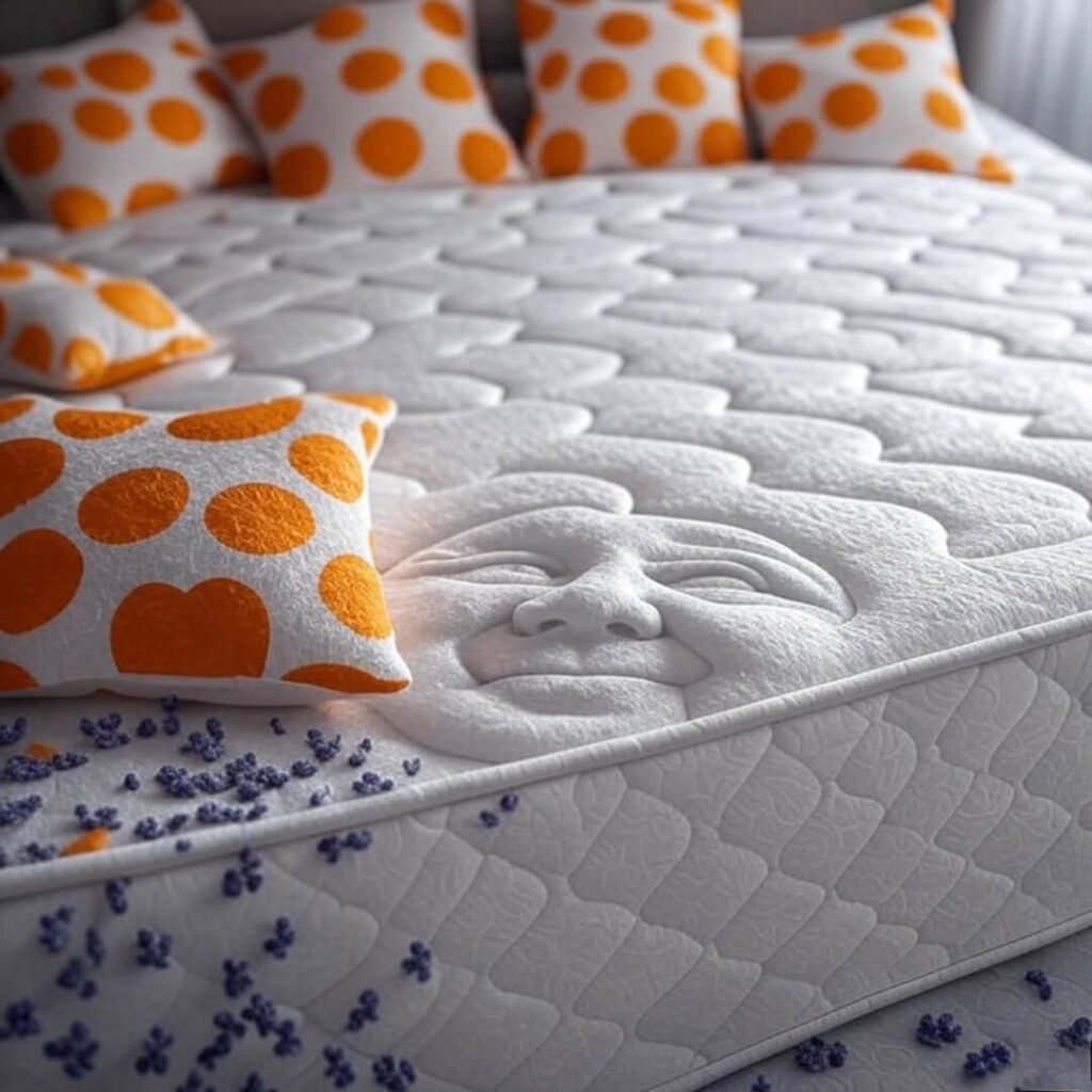 Close-up mattress with face imprint, quirky lavender and tangerine pillows, humorous vibe.