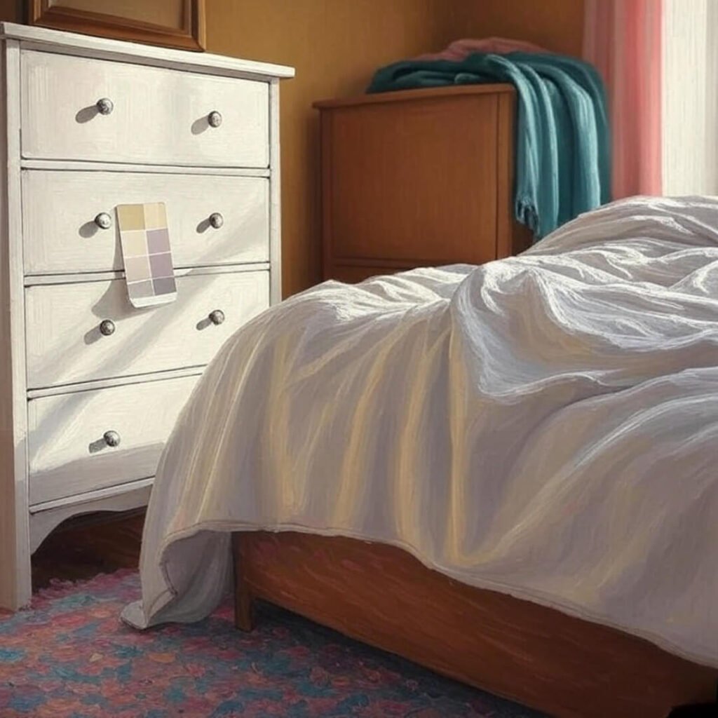 Messy bedroom with white and wood dressers, paint swatch, teal scarf, impressionistic style.