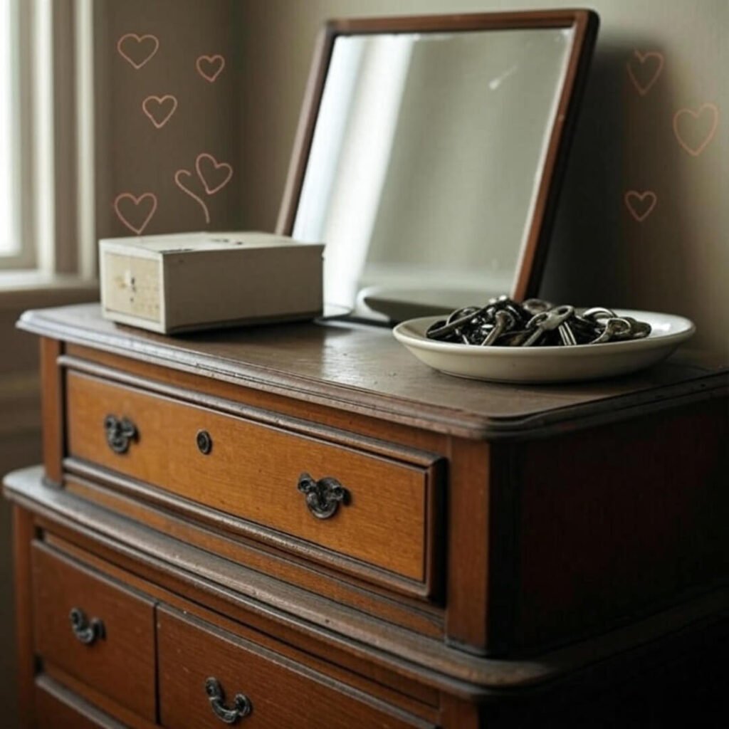 Retro dresser with keys, charger box, cracked mirror, hearts in background.