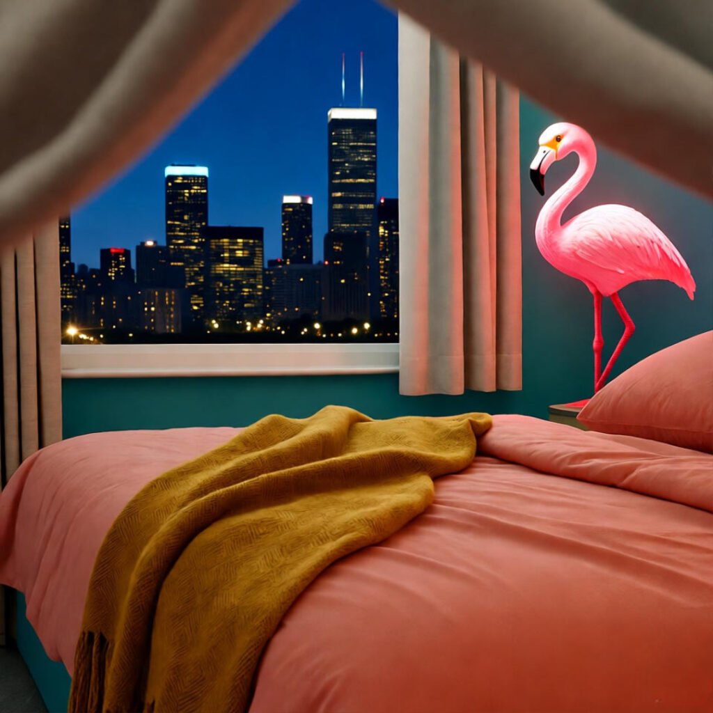 Cozy bedroom under covers, coral sheets, mustard throw, teal wall, flamingo lamp, Chicago skyline.