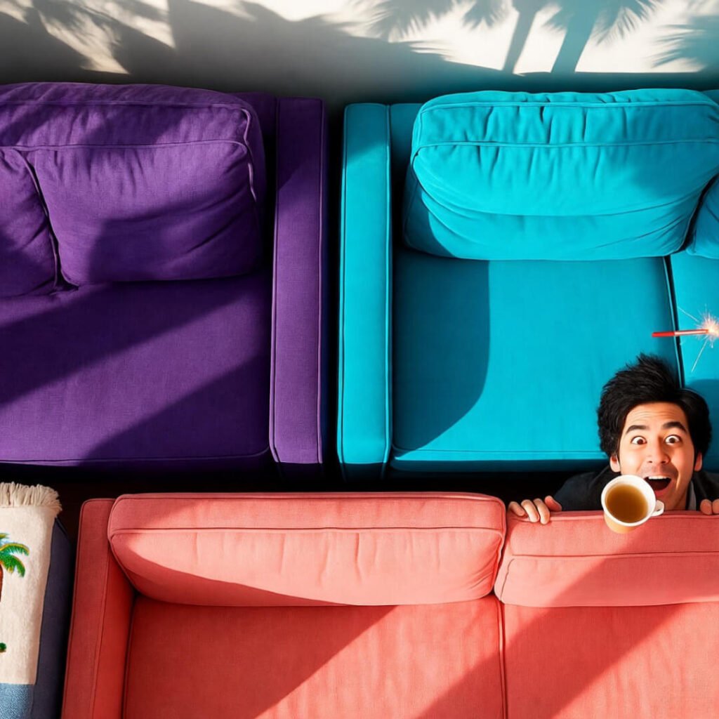 Clashing purple, turquoise, coral sofas, wide-eyed smirk, coffee cup, firecracker, palm tree blanket.