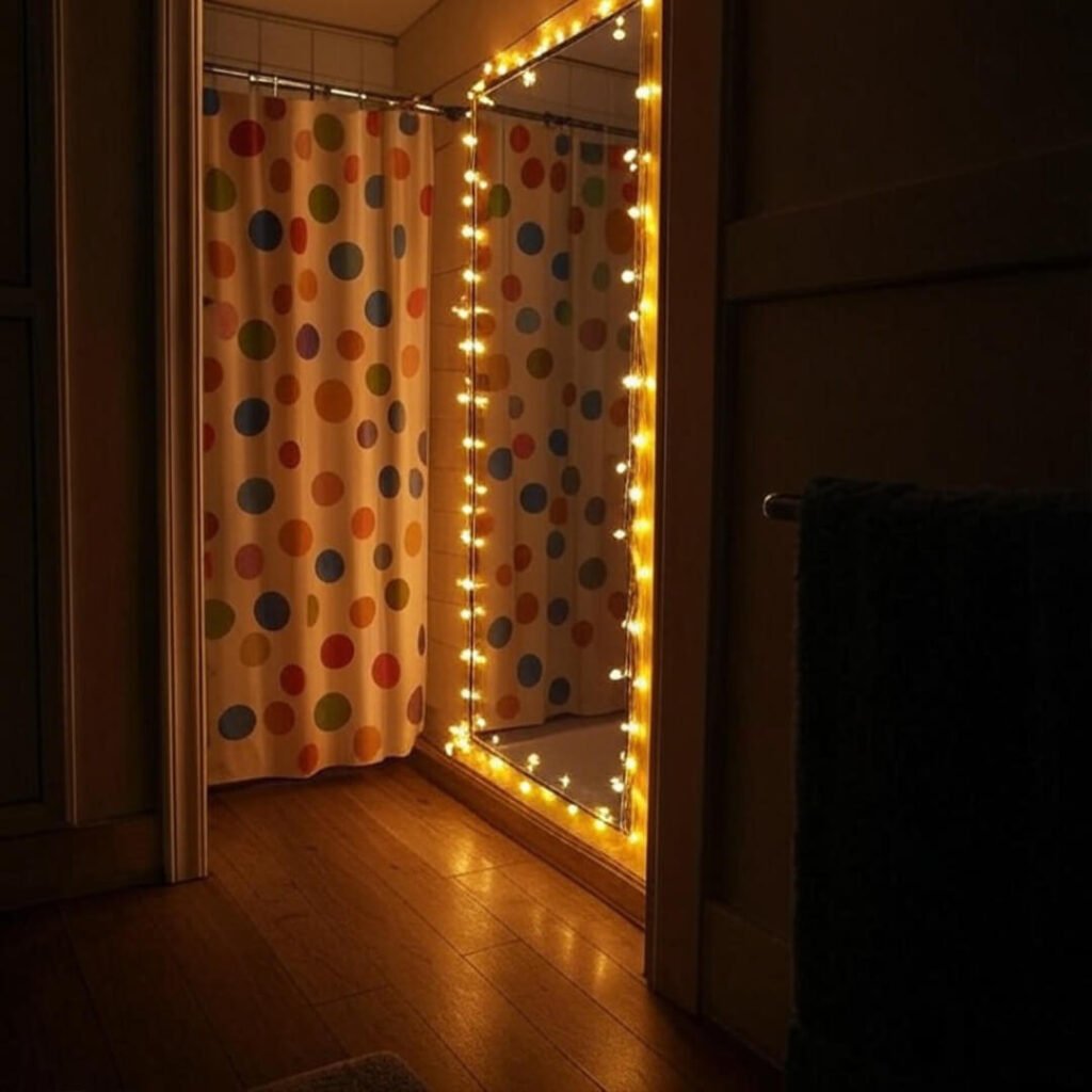 Cozy bathroom corner with mustard fairy-lit mirror, polka dot curtain peeking.