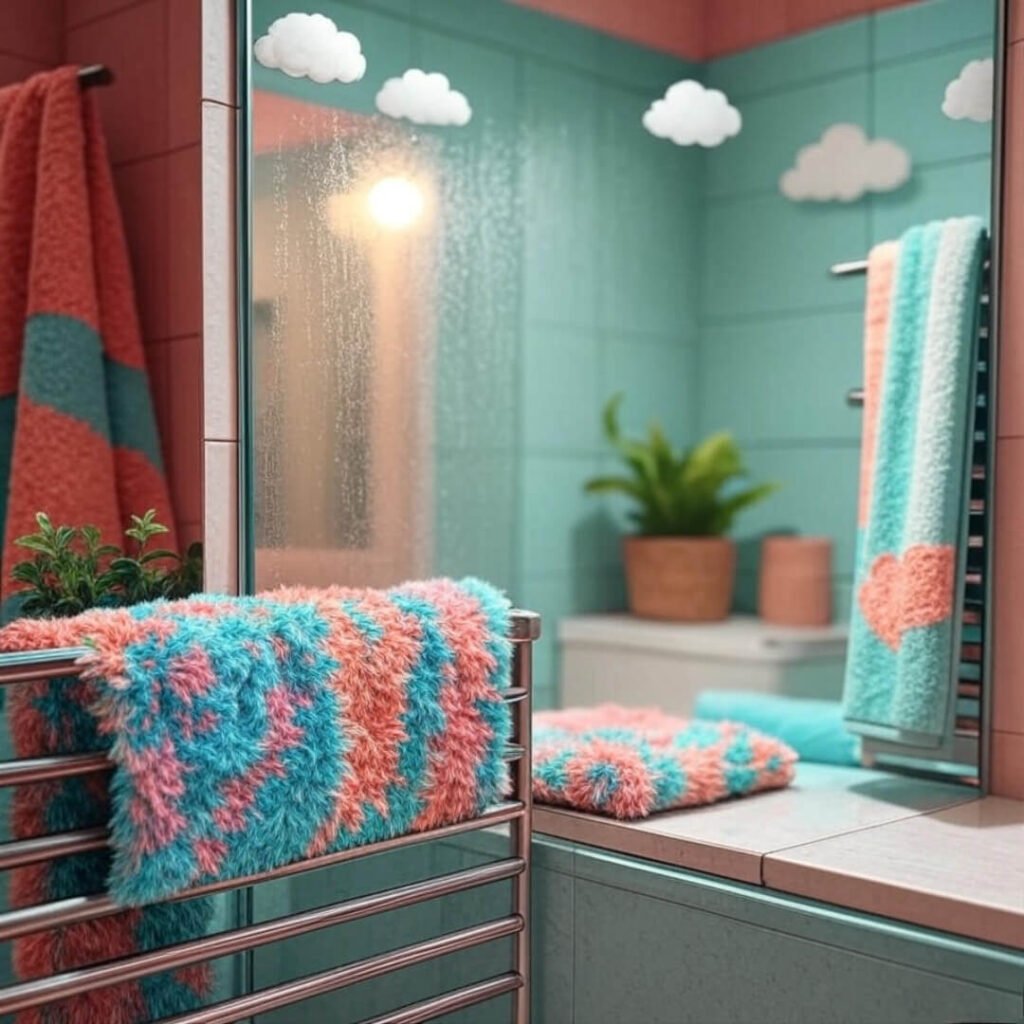 Steamy bathroom with mirror, coral-teal tones, cartoon clouds, relieved yet traumatized vibe.