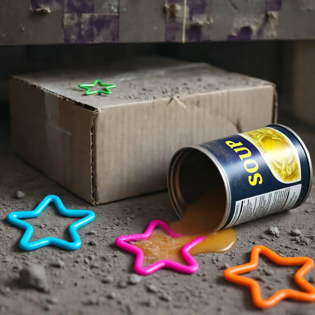 Dusty under-bed with toppled box, leaky soup can, neon star clips scattered.
