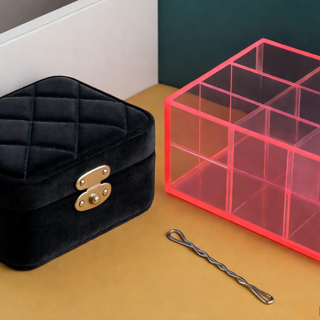 Velvet jewelry box, coral organizer, bobby pin on vanity, bittersweet vibe.
