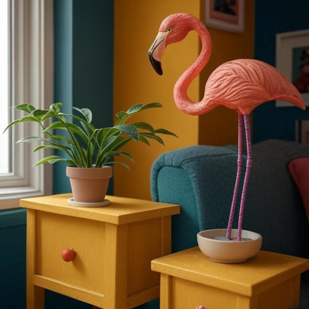 A pink flamingo figurine and a potted plant on yellow side tables.