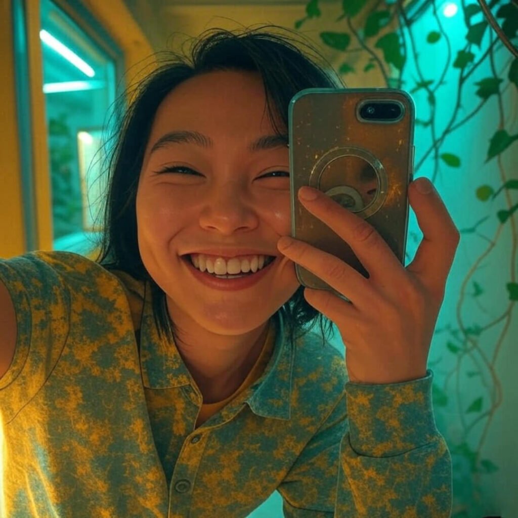Side-angle selfie in mirror, glitchy eco-lamp, vines, mustard yellow, turquoise, fuchsia.